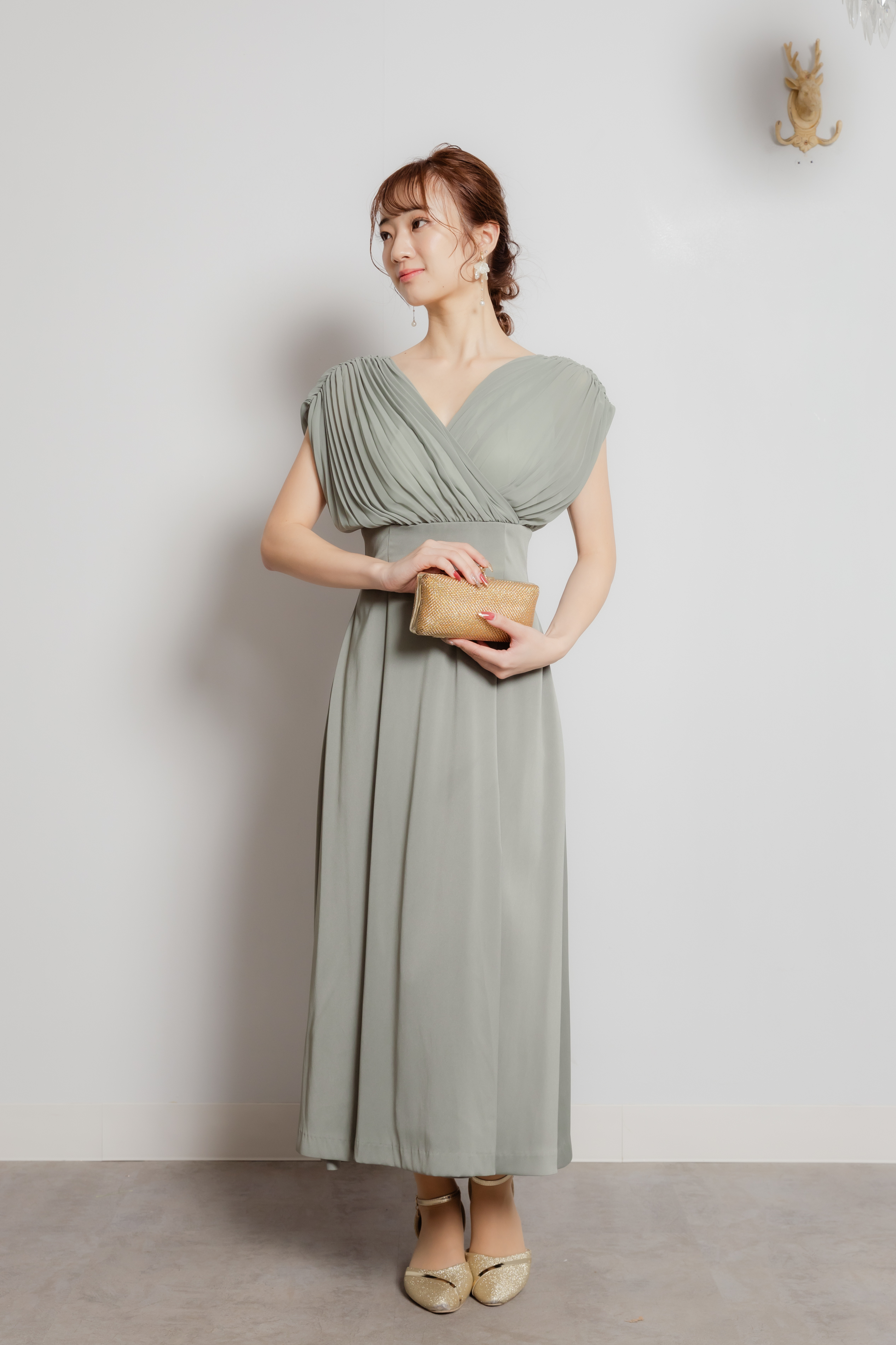 プリーツカシュクールドレス ミントグリーン S