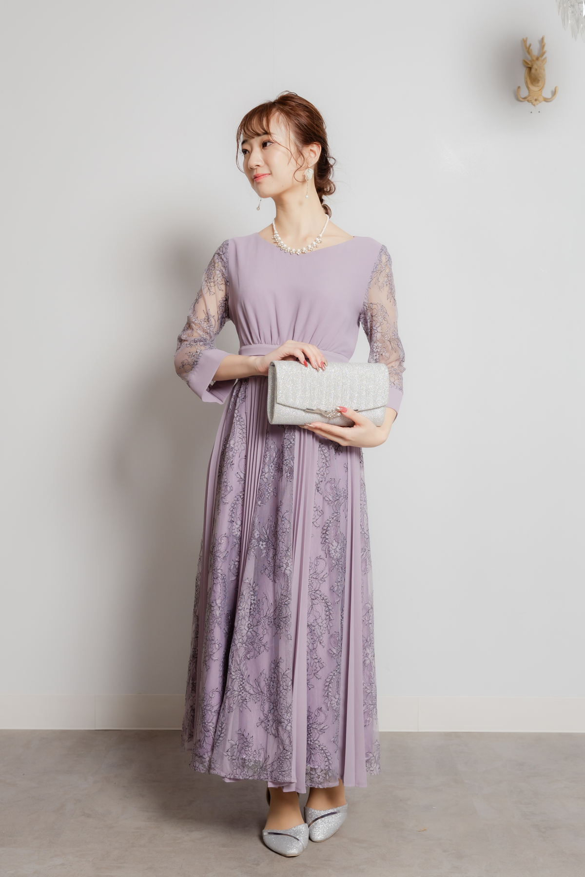 【ラベンダー】プリーツ×花柄レース7部袖ドレス3L
