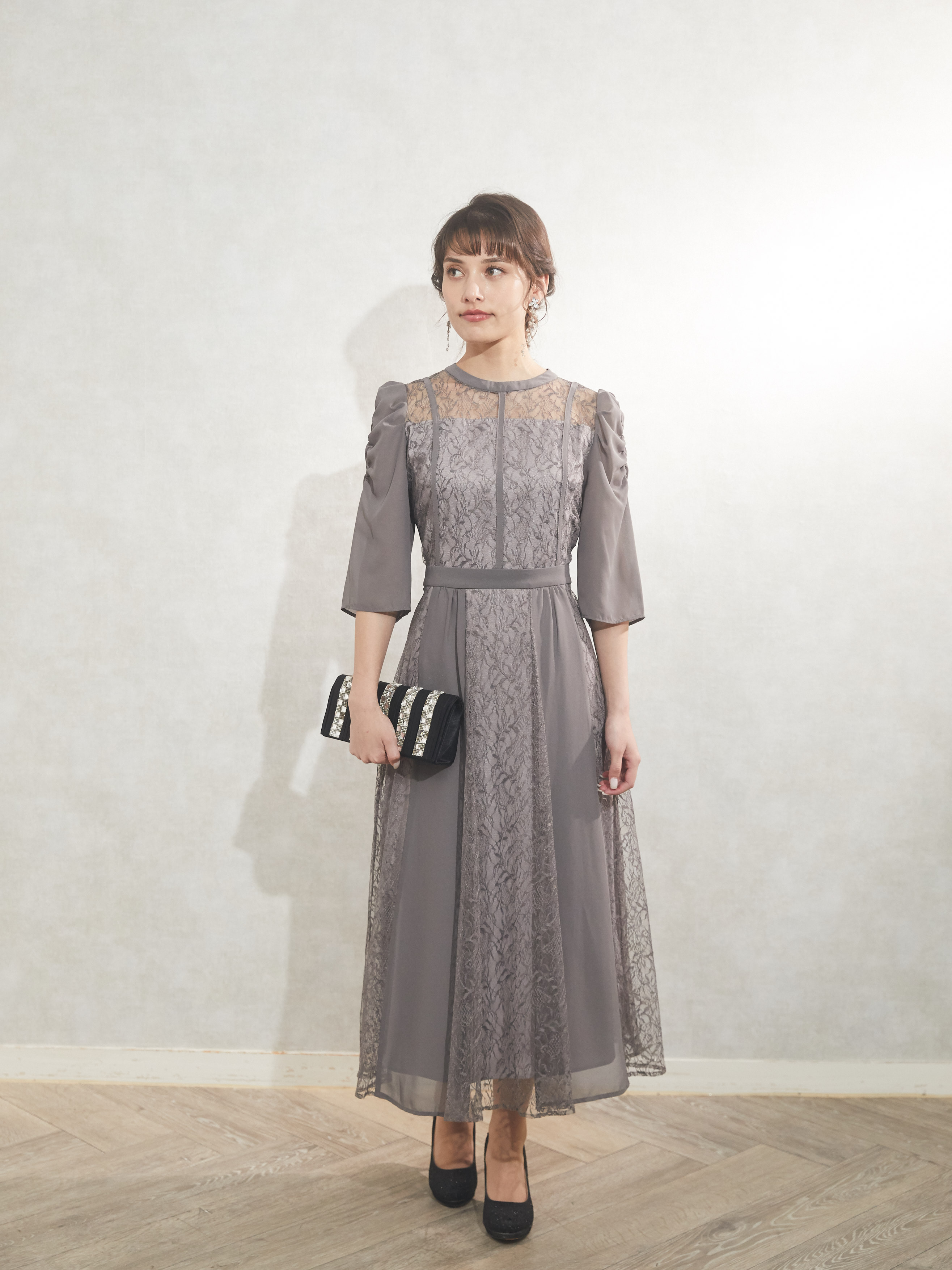 袖シフォン切り替えレースドレスL