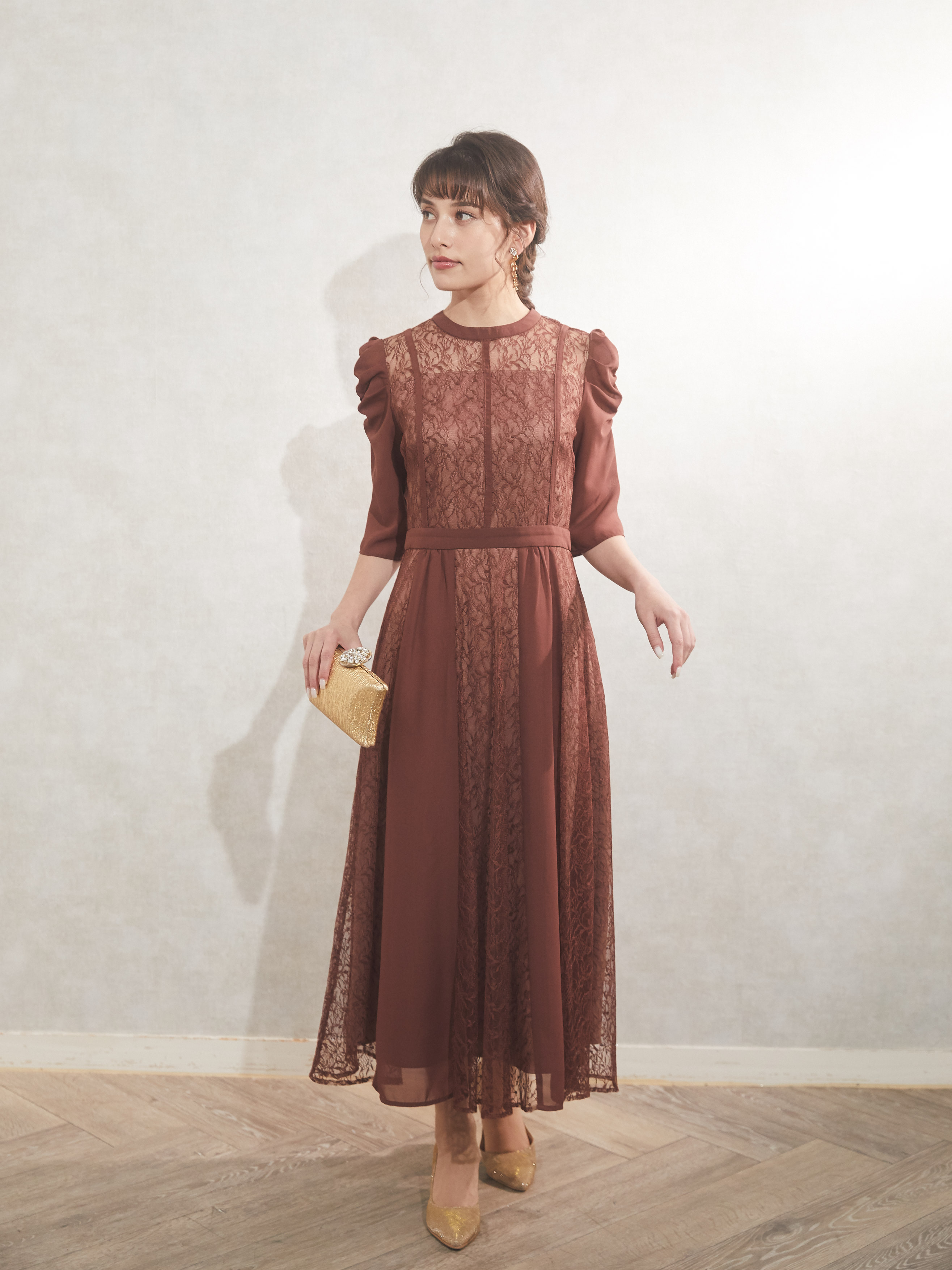 袖シフォン切り替えドレスM オレンジブラウン