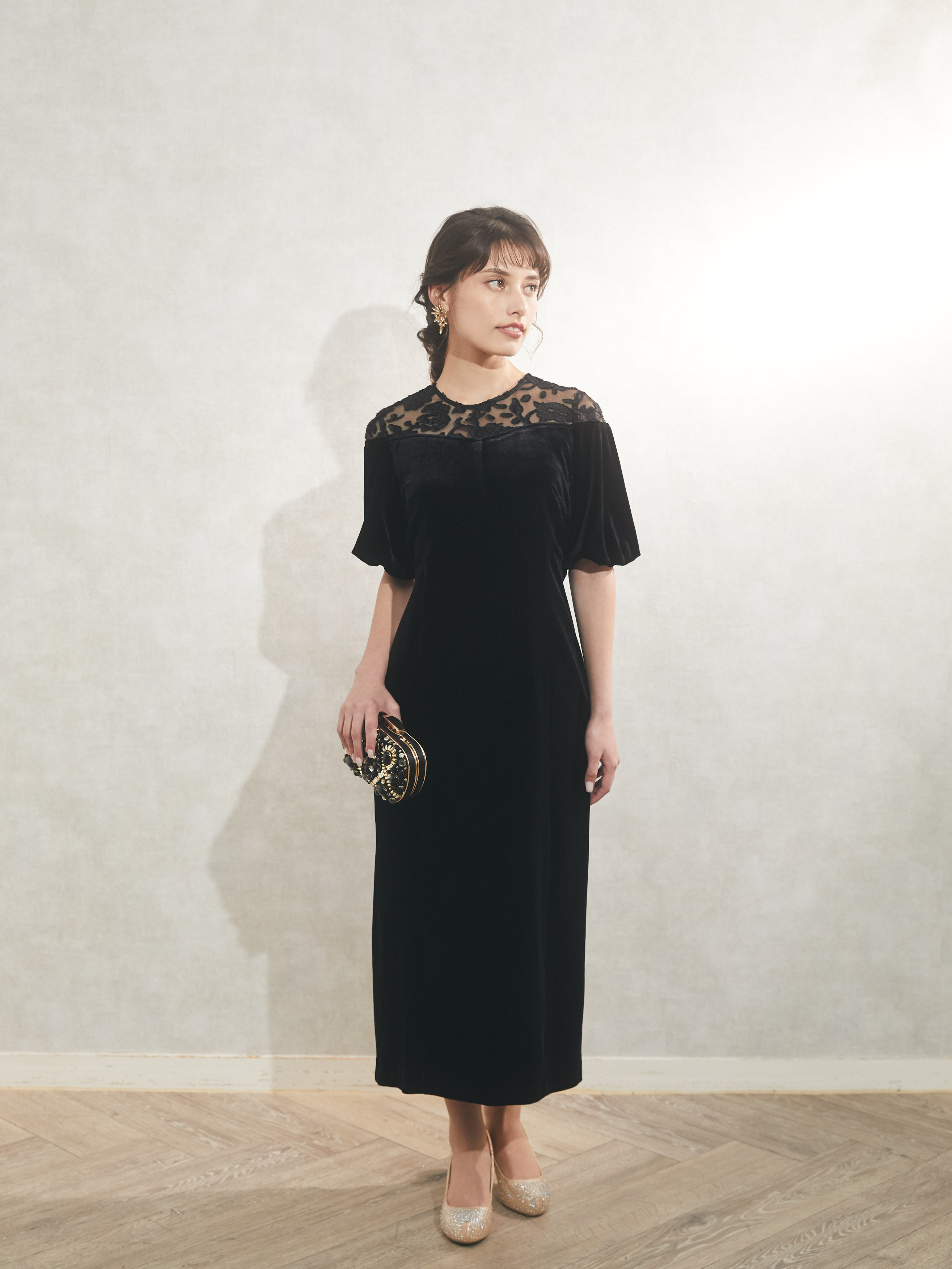 チュール胸元切り替えベロアドレスM ブラック