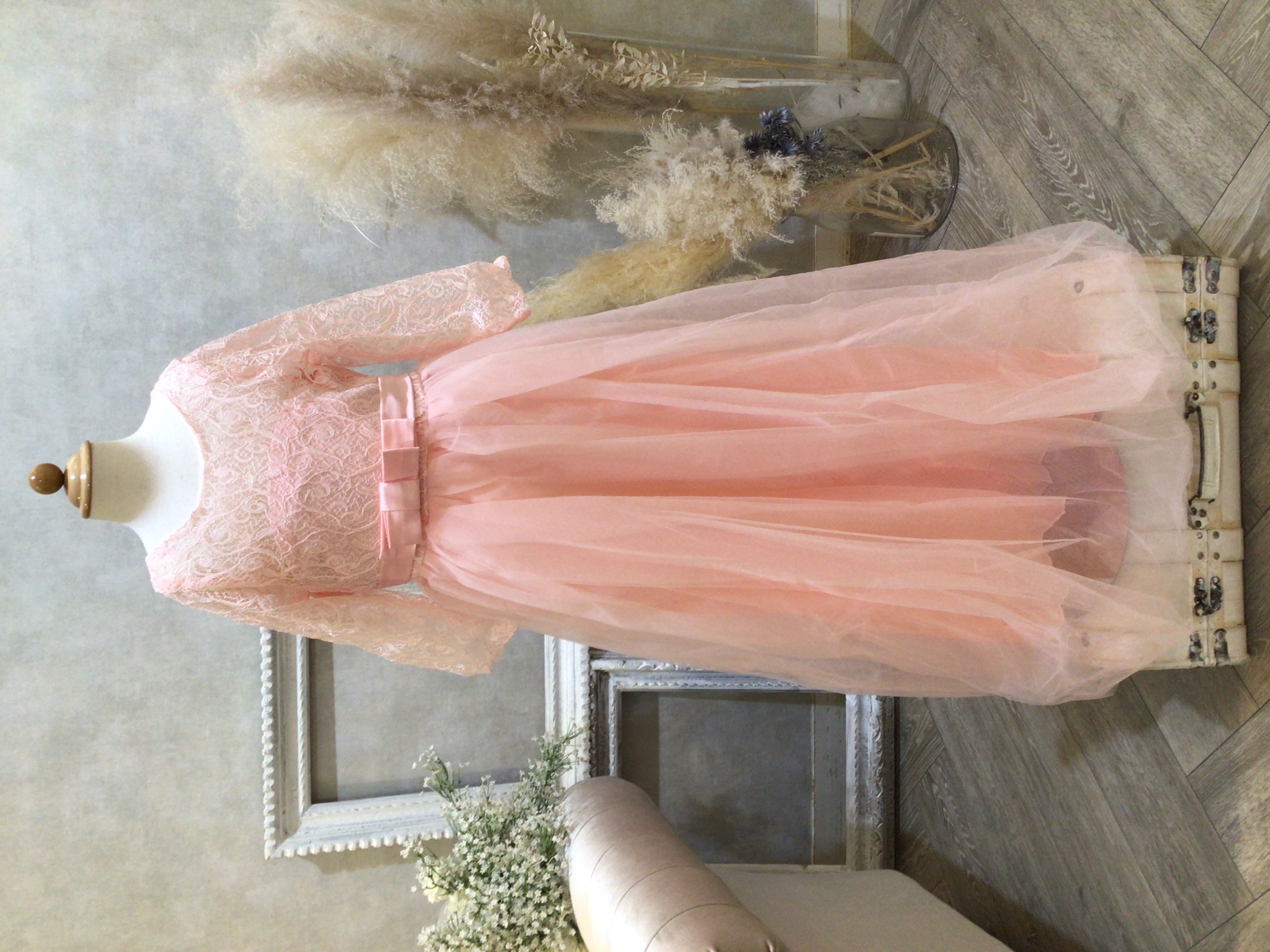 ピンクレースチュール七分袖ドレス　ウエストリボン　140-150