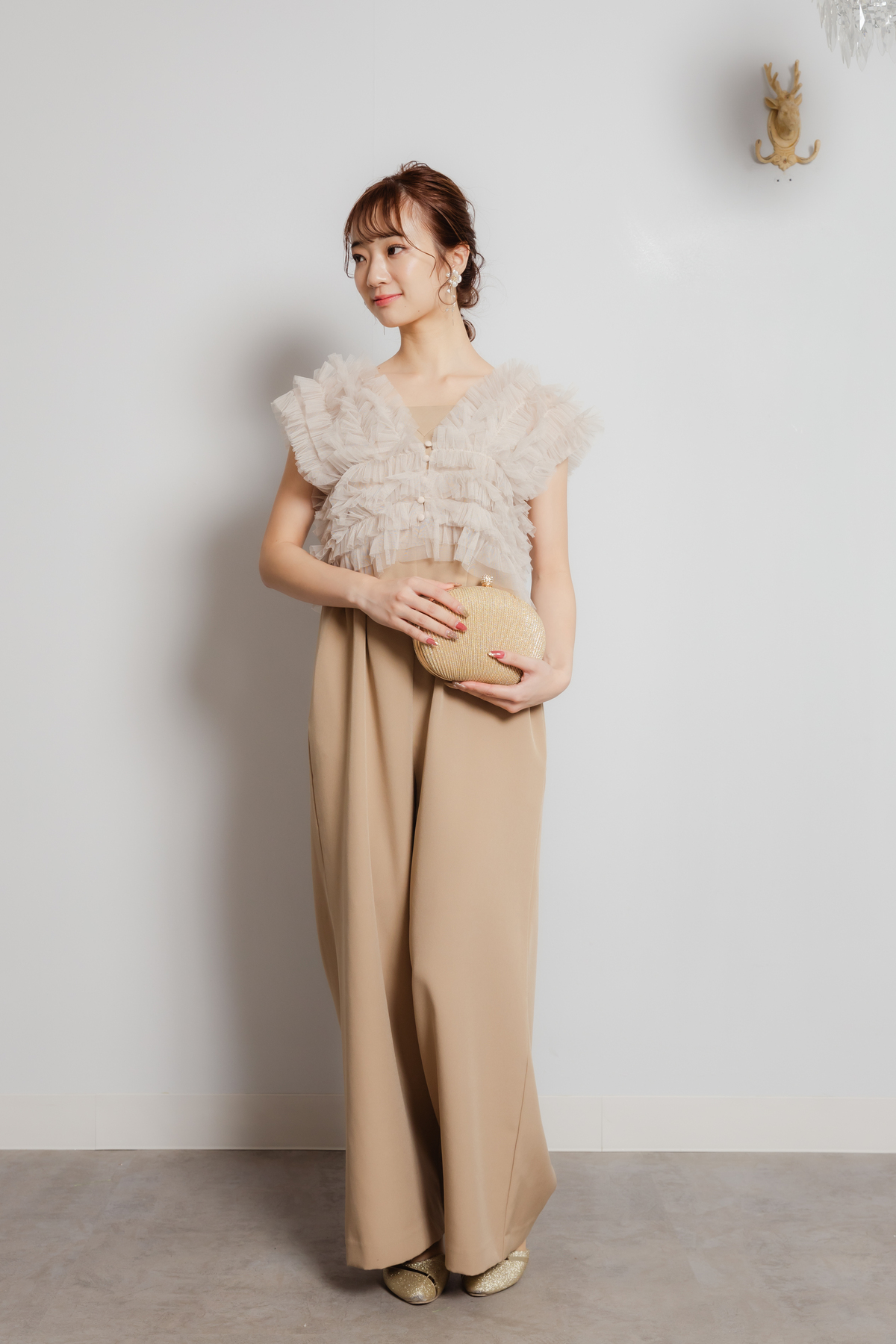 チュールベストオールインワンドレス ベージュ M