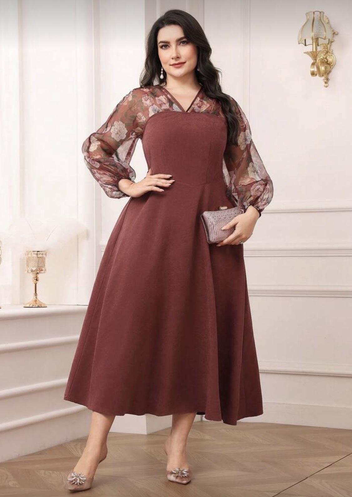 【ゲストドレス】ワインレッド　袖ローズ柄17号