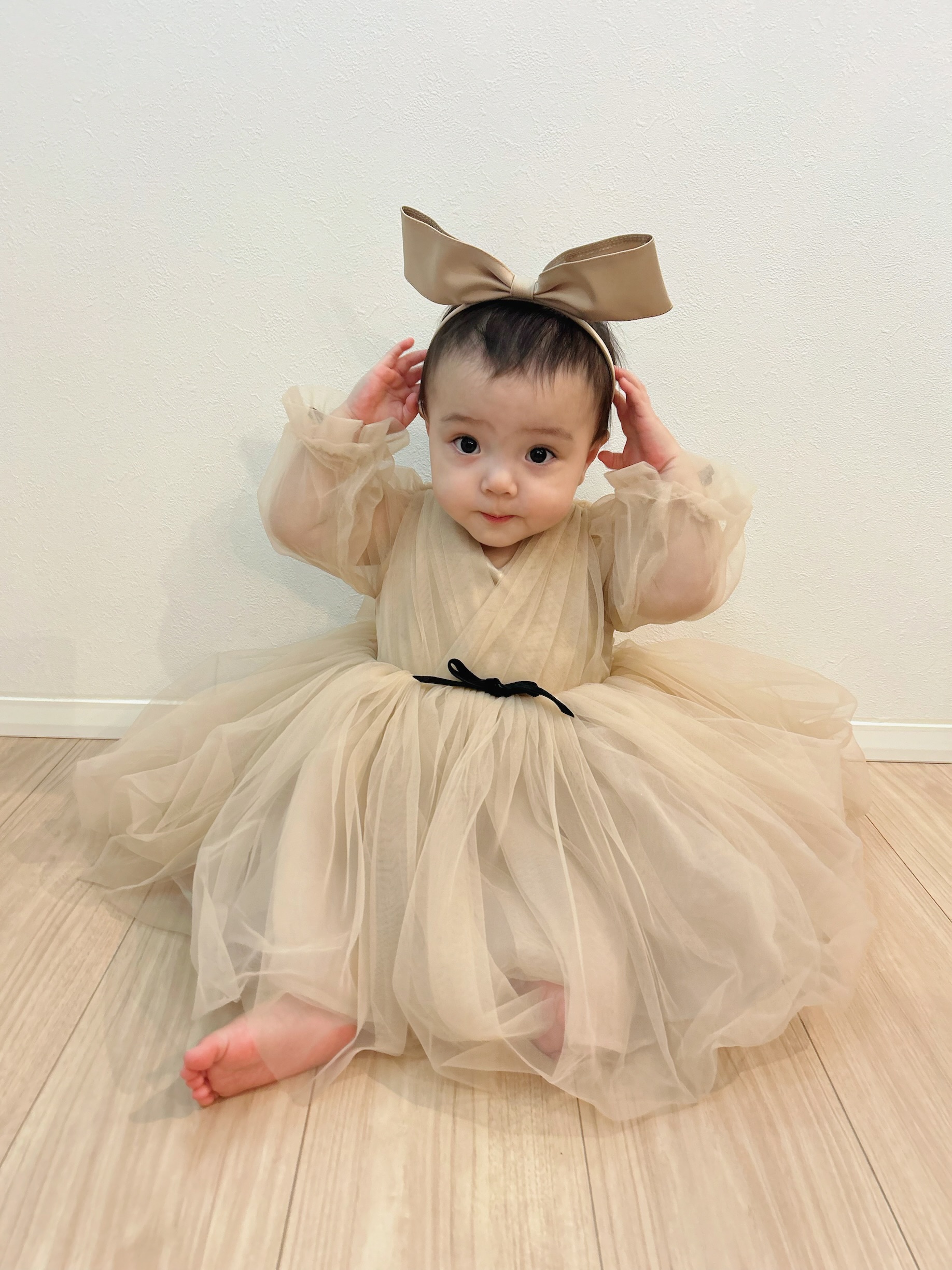 ベージュチュール×ブラックリボンキッズ＆ベビードレス　80サイズ