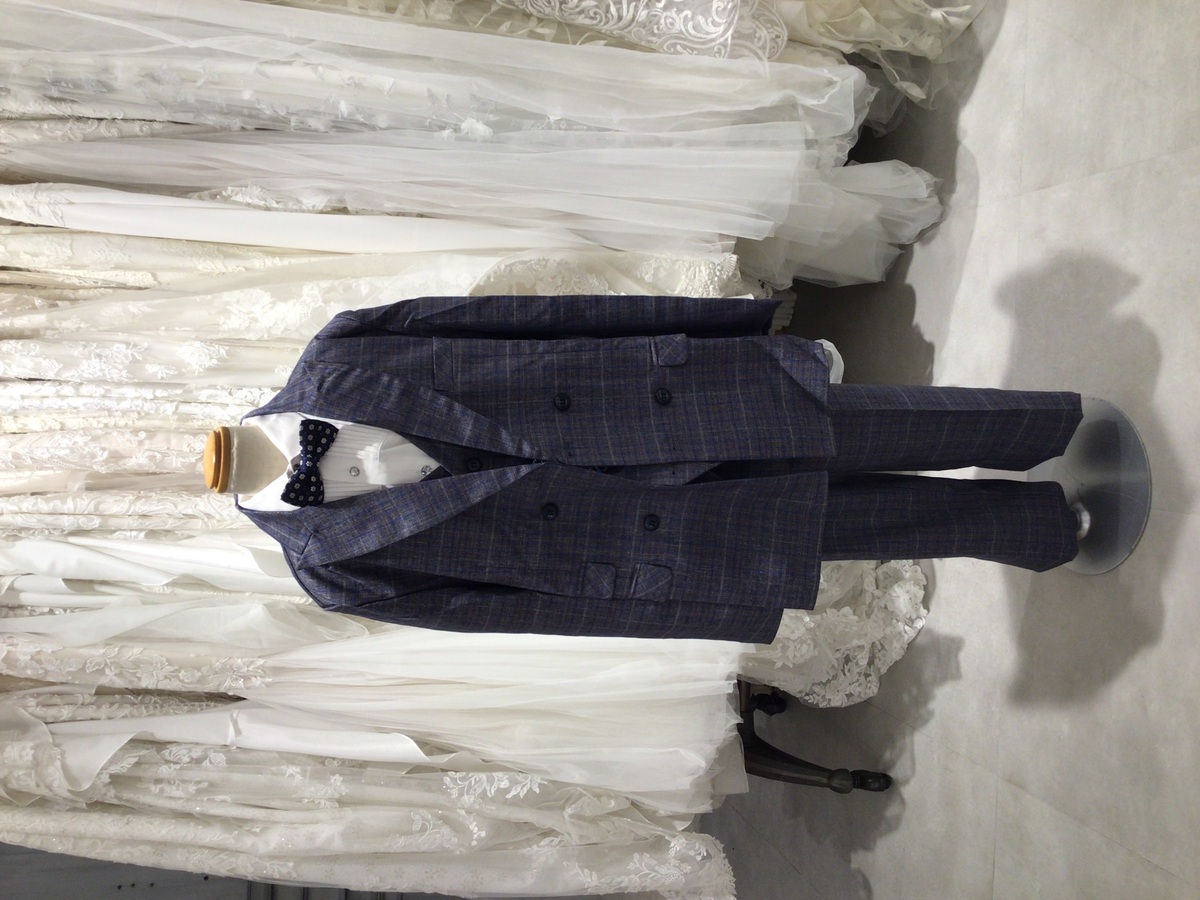 【キッズタキシード】グレー×ブルーチェック　160cm 蝶ネクタイ付き