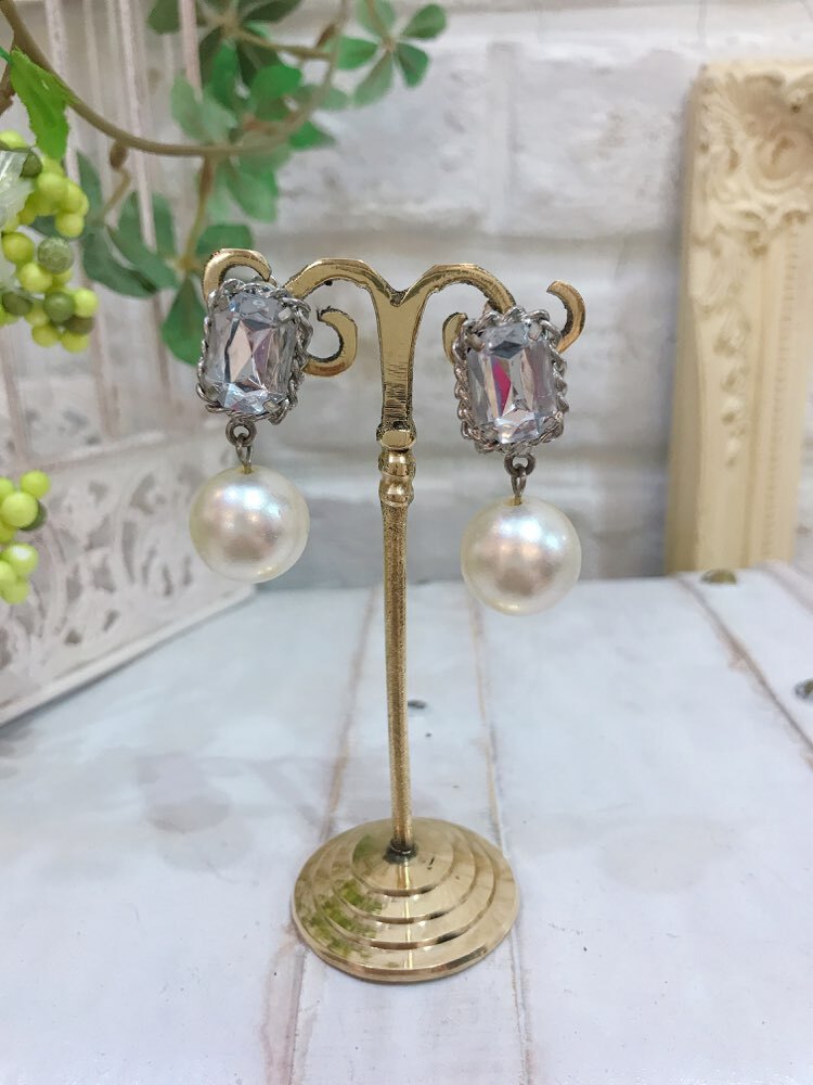 【イヤリング】大粒パール×四角ダイヤ