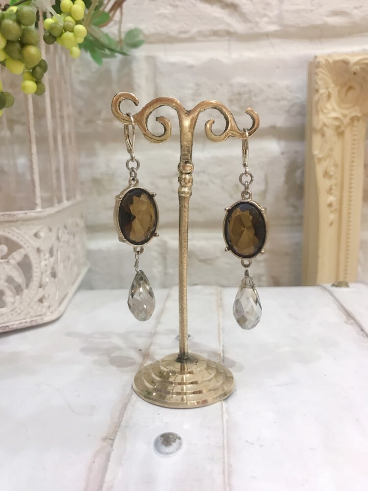 【ピアス】ブロンズストーン×しずく型クリスタルストーン