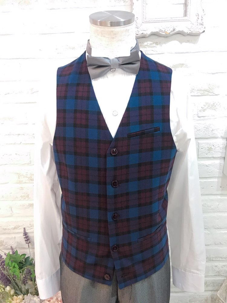 【ベスト単品】ボルドー×ネイビーチェック　34 S〜M asos