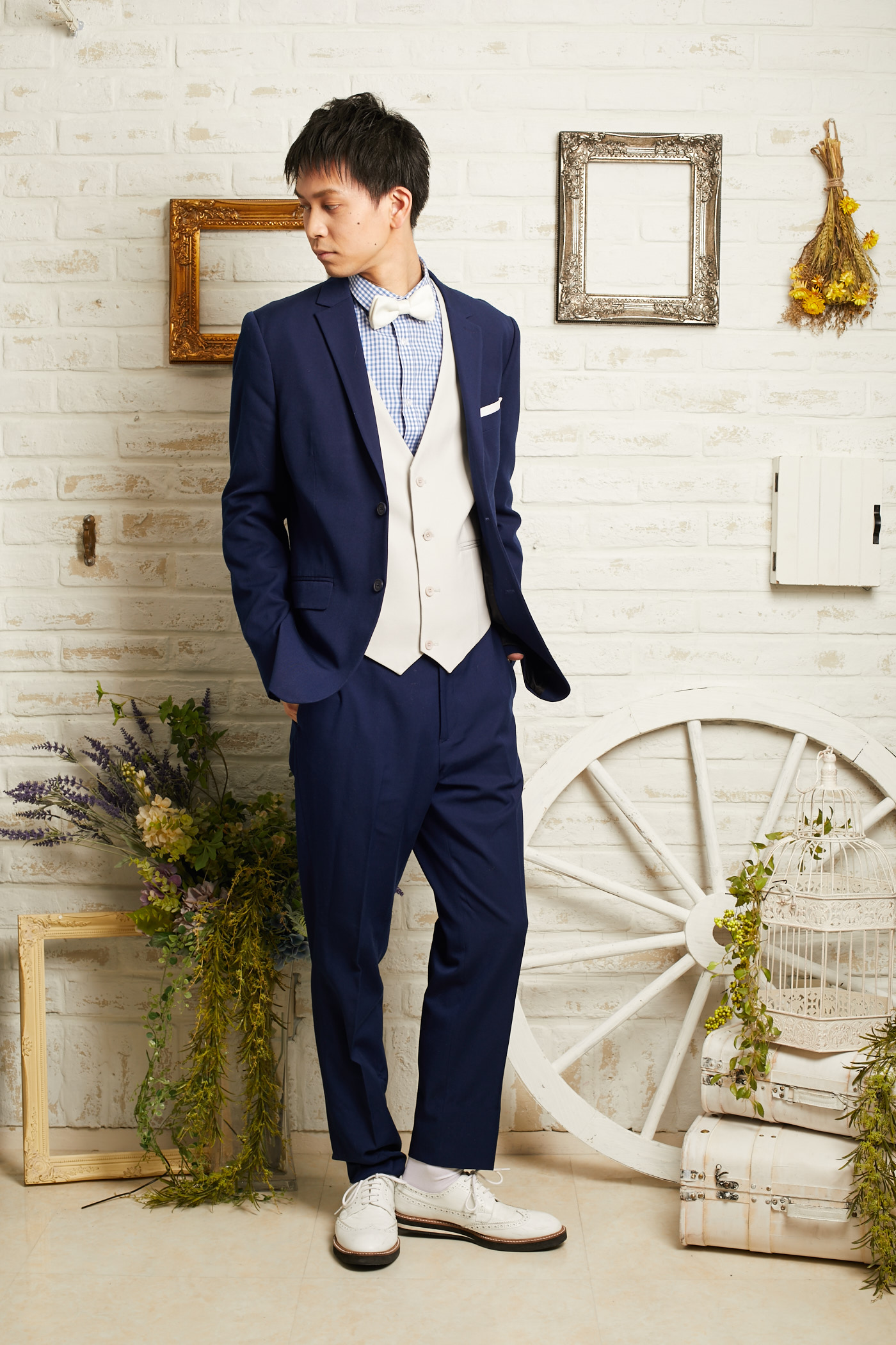 【ジャケットのみ】白チーフデザインネイビー　L 2P ZARA MEN