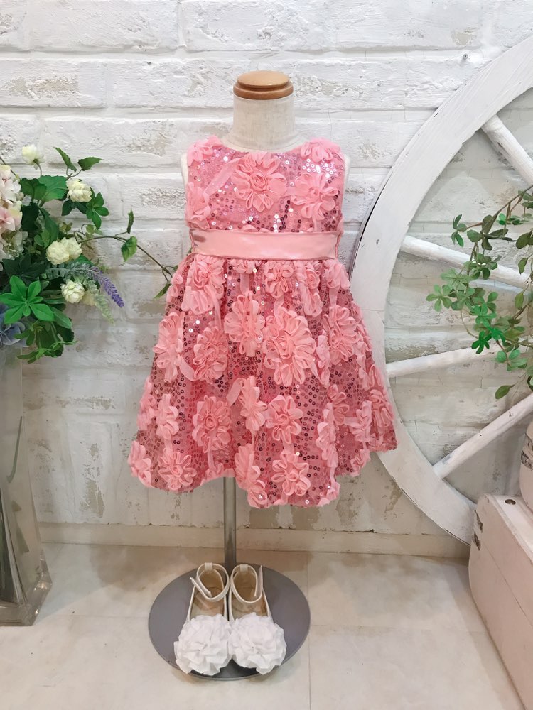 【キッズドレス】ピンクお花キラキラスパンコールドレス 100cm 2T
