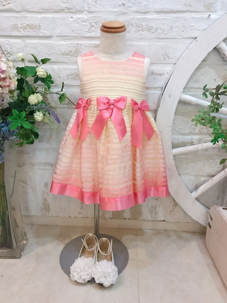 【キッズドレス】ピンク×イエローリボンドレス　80〜90cm