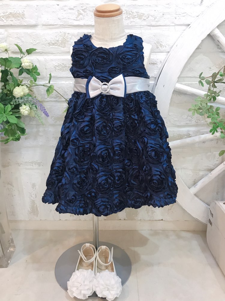 【キッズドレス】(24M)ネイビーお花ウェストシルバーリボンドレス　90cm