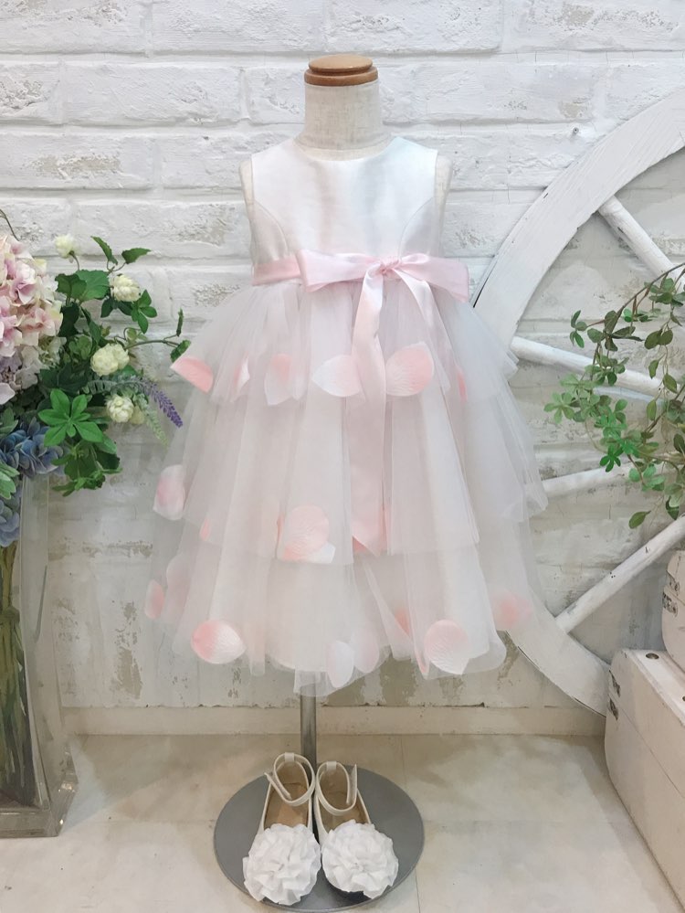 【キッズドレス】ホワイト×ピンク花びらドレス　90〜100cm