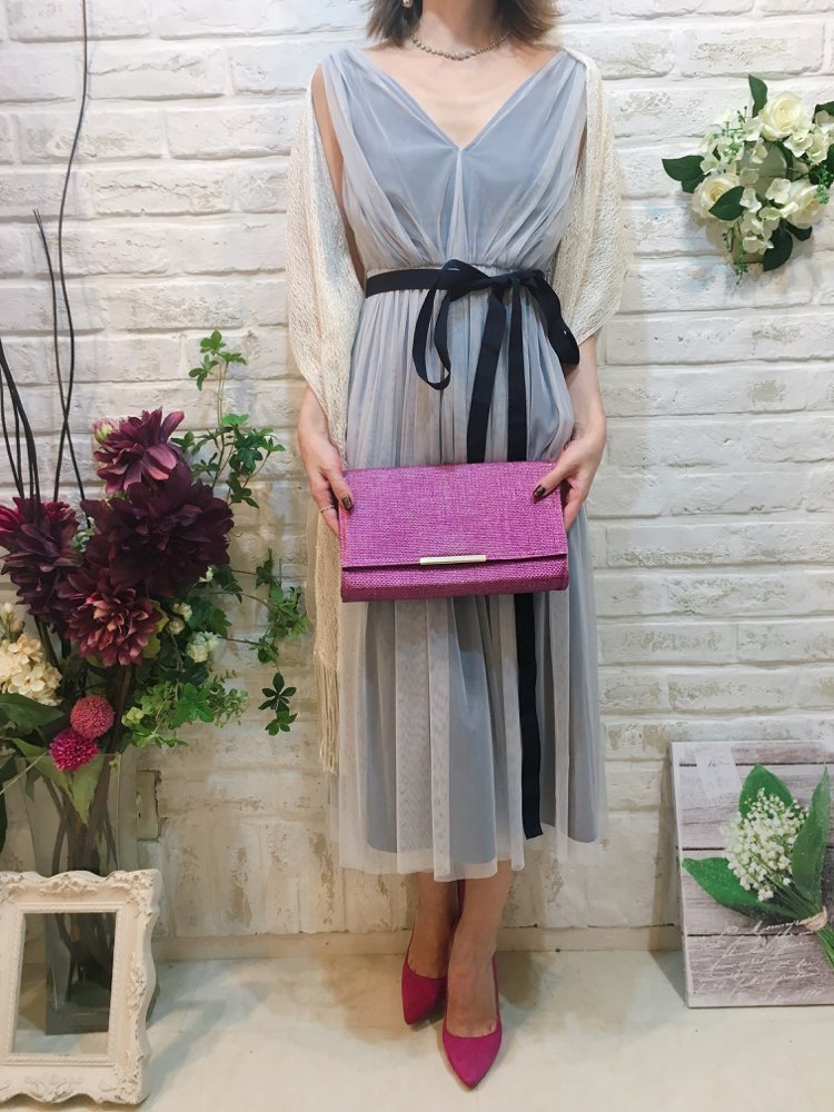 【パーティドレス】グレーチュールノースリーブミモレ丈ドレス