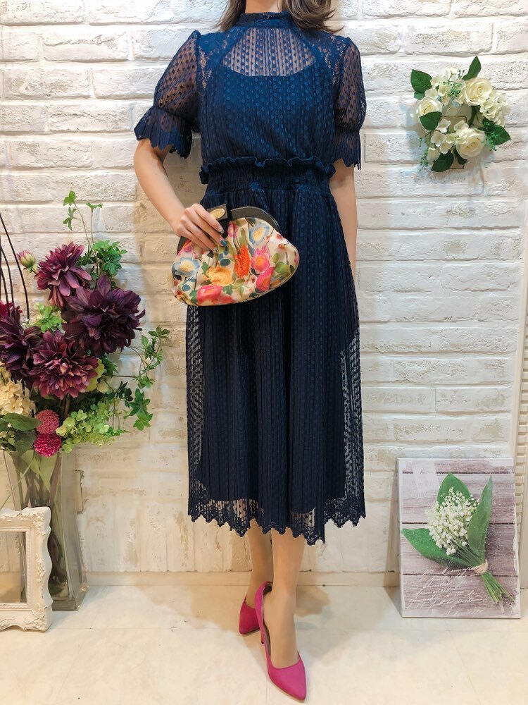 【ゲストドレス】ネイビー　総レース　L〜LL