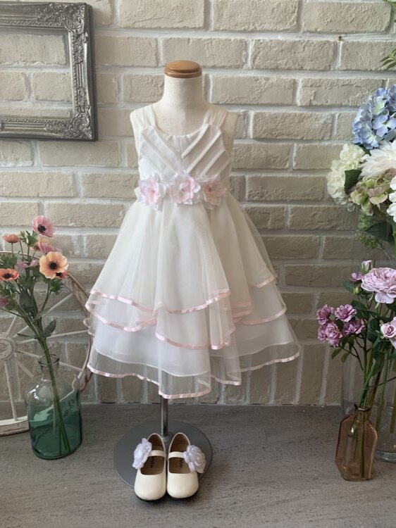 ホワイト×ピンクパイピングティアードドレス