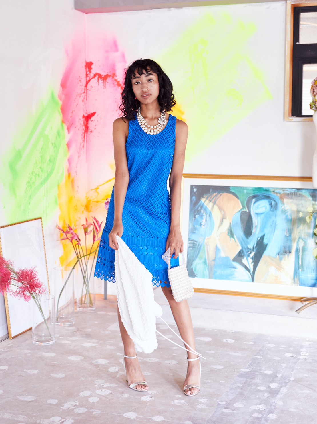 【パーティドレス】ロイヤルブルー肩あり総レースドレス