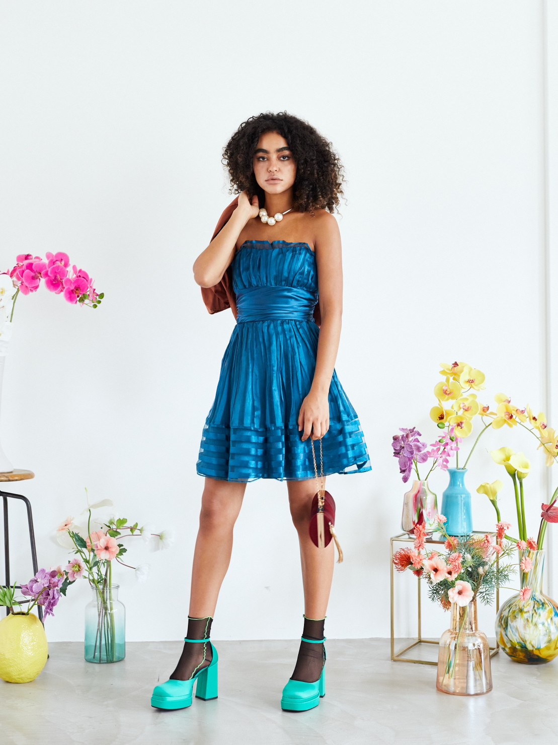 【パーティードレス】ターコイズグリーン・ストライプ柄ベアドレス