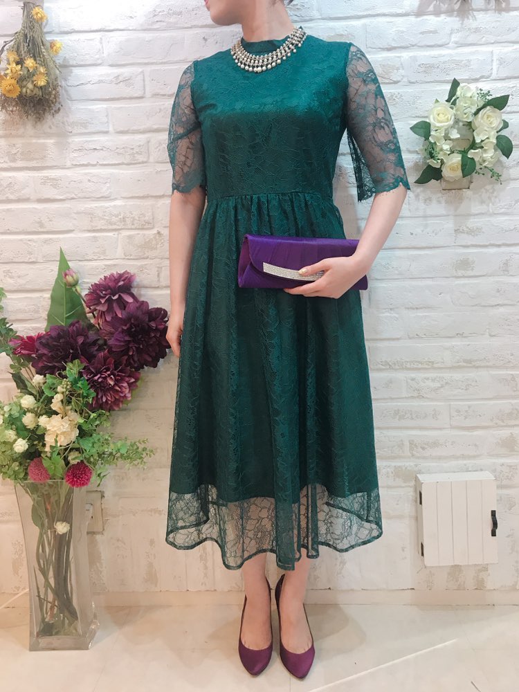 【パーティドレス】グリーン5分袖総レースドレス