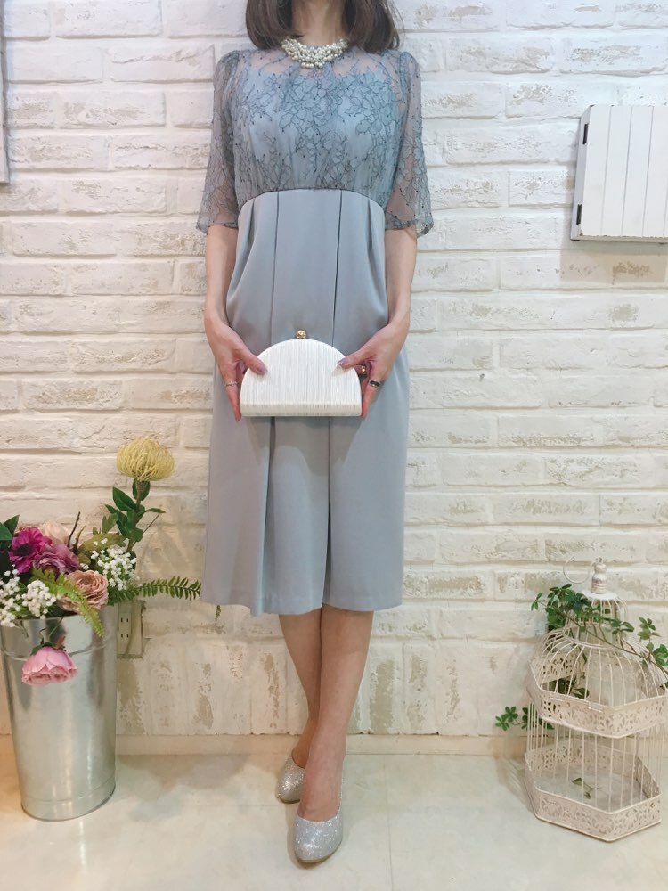 【ゲストドレス】スモーキーブルーグレー　フラワーレース　S